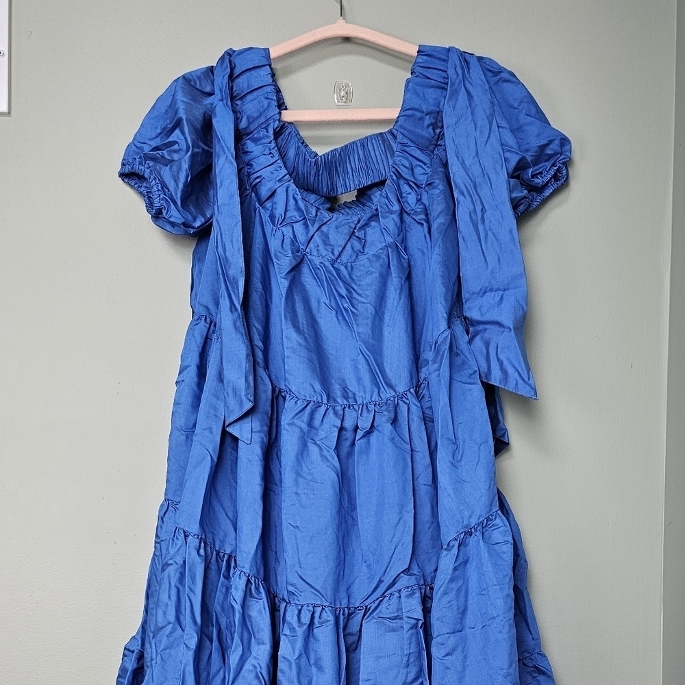 By Anthropologie Women's Off-The-Shoulder Tiered High-Low Midi Dress, Blue, XS - Picture 9 of 16